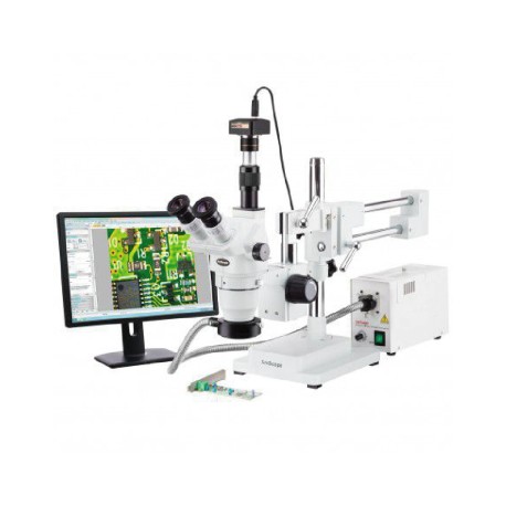 Amscope Microscopio de zoom estéreo con soporte de brazo trinocular 2X-225X + cámara de 18MP de alta velocidad