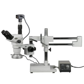 Amscope Microscopio estéreo trinocular premium 2X-90X en soporte de brazo de doble brazo + Anillo de luz de 80 LED de alta resi