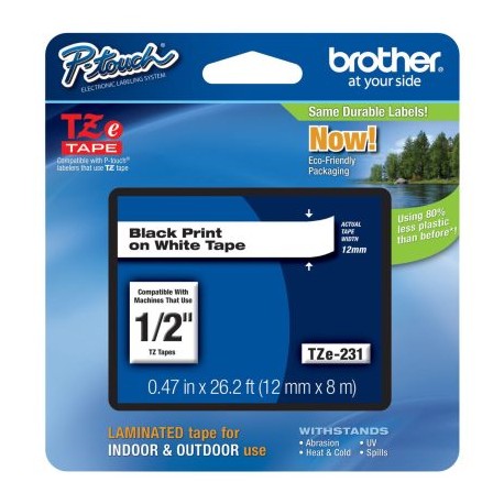 Brother TZE-231 Etiqueta laminada negro sobre blanco 12mm